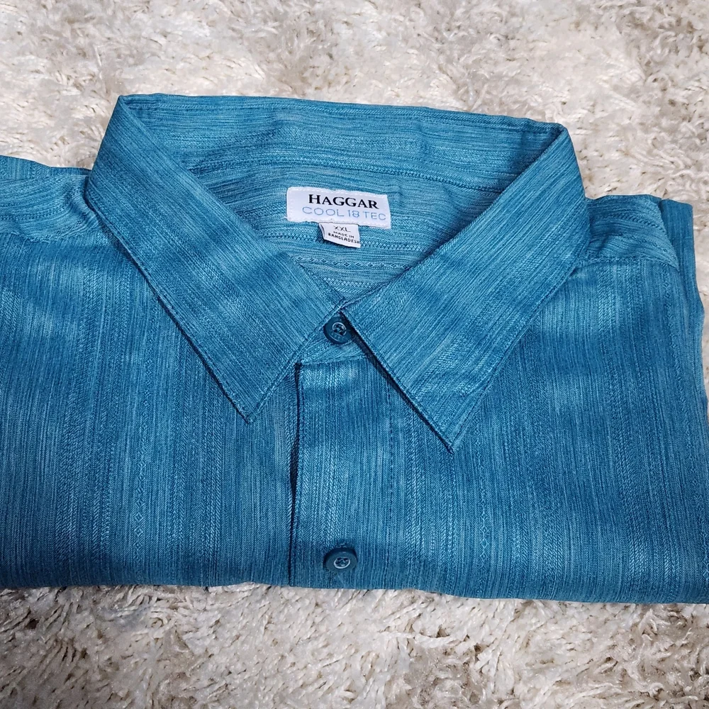 Haggar Mens Teal Peacock Mens Short Sleeve Cool 18 Tec Dress Shirt XXL - Picture 2 of 7